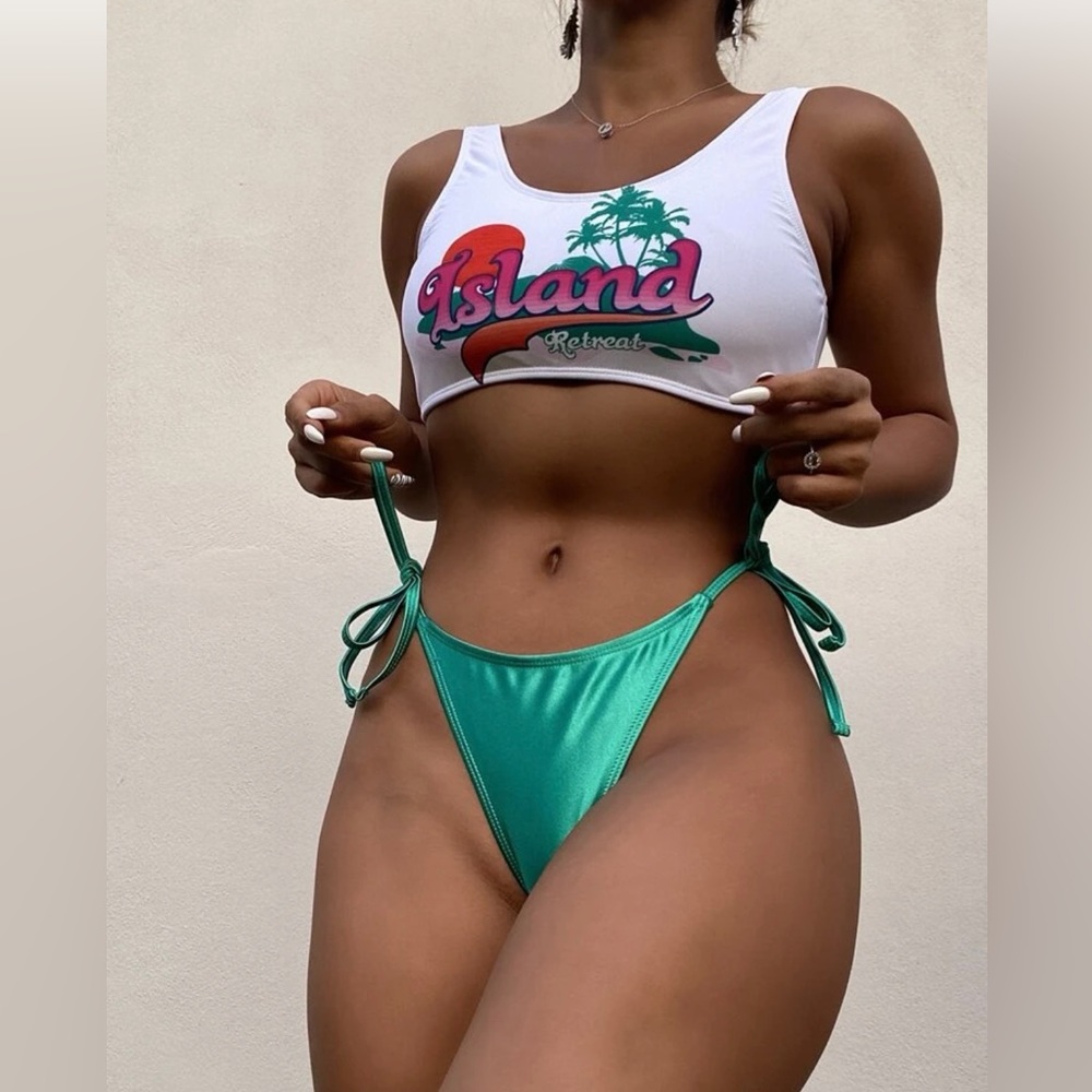 SHEIN Island Letter Graphic Bikini Set Tank Top & Thong 2 Piece Bathing Suit